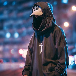 吉业重工国潮暗黑秋冬鱼嘴帽卫衣男女宽松嘻哈连帽套头外套机能服