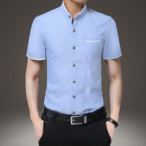 夏季中国风中华立领衬衫男短袖修身韩版休闲无领圆领中山装衬衣寸