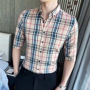 000人付款淘宝格子衬衫男2022新款夏季短袖花格衬衣男士休闲纯棉花俏