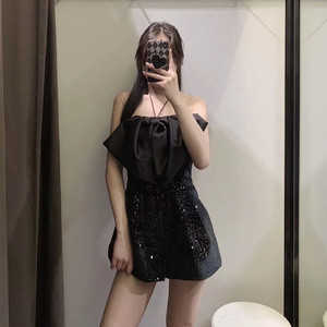 zara9311048新品黑色珠片性感蝴蝶结晚礼服阔腿短裤女09311048800