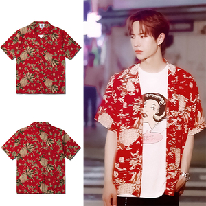 王一博同款衣服菠萝花卉红衬衫港风复古街头宽松薄外套男女夏潮酷