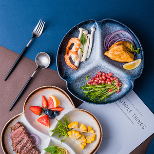 日式餐盘陶瓷分格盘子家用分隔餐具三格饺子专用盘减脂四格早餐盘