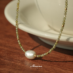 Marina｜显白柳绿色锆石新中式珠链 天然巴洛克珍珠项链锁骨链