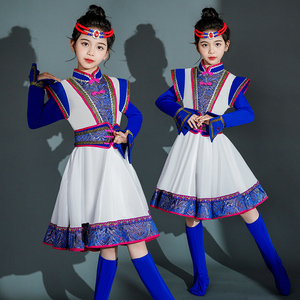 六一蒙古服族儿童女蒙古族演出服女童白马民族服装蒙族袍舞蹈服饰