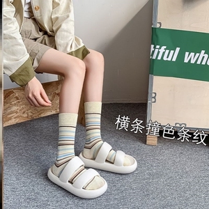 新品中筒袜女横条撞色条纹系列棉袜韩国同款不规则条百搭显瘦长袜