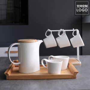 陶瓷水具套装北欧黑白简约凉水壶水杯欧式家用客厅杯子配杯架托盘