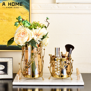 美式轻奢金属玻璃花瓶摆件样板间客厅餐桌装饰品创意花器玄关摆设