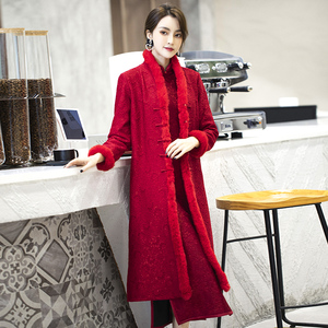 旗袍女外搭冬季2021年新款红色加绒加厚唐装女装中国风外套大衣冬