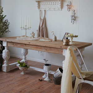 欧式法式复古实木雕花家用长方形桌子客厅创意罗马柱白色吃饭餐桌