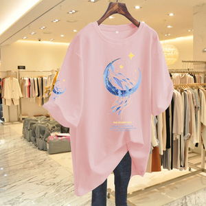 粉色短袖t恤女2024夏季新款中长款宽松欧货大版半袖纯棉上衣ins潮