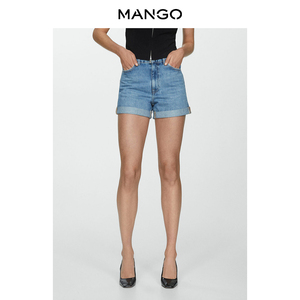 MANGO女装短裤2024夏装新款高腰上卷裤腿皮带环蓝色百搭牛仔短裤