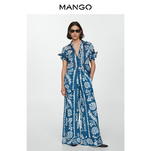 MANGO女装衬衫2024夏装新款中蓝色纯棉长款慵懒风印花设计衬衫