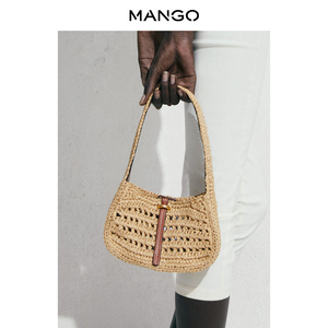 MANGO女装包包2024夏装新款自然麦秸纸纤维磁吸扣手提单肩包