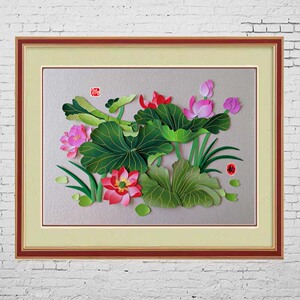 需裁剪非遗布贴画/布艺堆绣画diy材料包【荷韵】40*55cm国风水墨