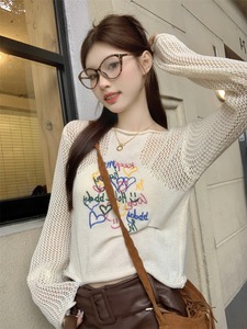 韩系甜美长袖镂空针织衫女2024夏季新款独特别致罩衫毛衣短款上衣