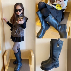 女童长靴加绒黑色小女孩高筒靴2021秋冬新款儿童中大童靴子女春秋