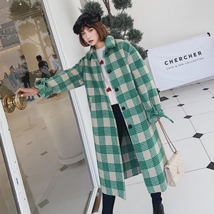 双面羊绒大衣女中长款2020冬季韩国宽松绿色大格子清新毛呢子外套