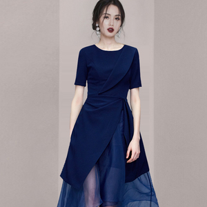 fyog欧洲站深蓝色不规则网纱裙子2022年新款夏季欧货女装连衣裙女