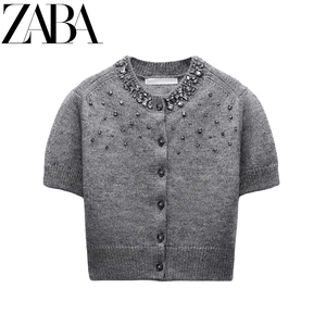 ZARA春季新款女装圆领短袖开衫毛衣珠宝镶饰针织短款外套 3859001