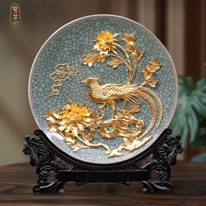 鹭艺轩现代中式前程似锦哥窑装饰盘客厅摆件漆线雕陶瓷工艺礼品生