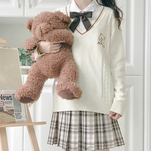 一七家原创日系软妹小熊jk白色毛衣现货学院风情侣套头长袖针织衫