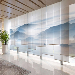 中式山水画智能电动窗帘卷帘遮光升降卷拉式茶室办公室客厅隔断帘
