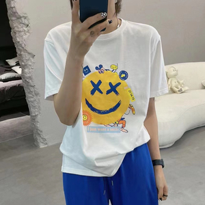 one正版高品质xx笑脸字母印花宽松t恤女可爱减龄洋气上衣ins潮搭
