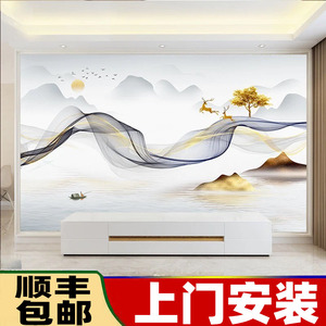 新中式轻奢电视背景墙贴画自粘客厅沙发现代简约3d壁纸8d影视墙布