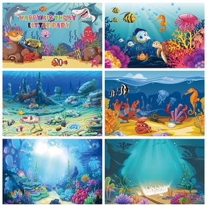 卡通蓝色海底世界珊瑚鱼群儿童宝宝活动演出装饰布拍照背景布道具