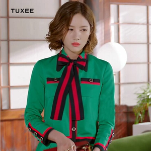 tuxee因为遇见你吴优张雨欣孙怡同款绿色蝴蝶结套装连衣裙