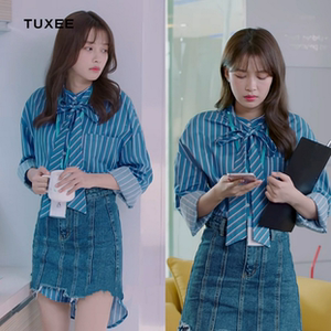 正品tuxee与晨同光孙怡黎初遥同款条纹衬衫系带中长款上衣
