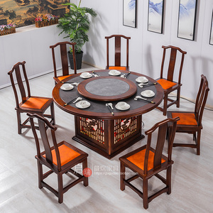 新中式火锅店实木圆桌大理石火锅桌子一体餐馆商用圆形餐桌组合