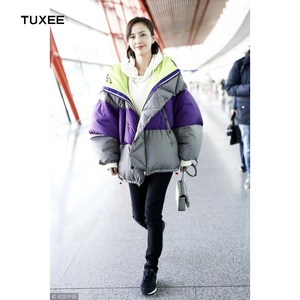 正品tuxee女装明星机场秀佟丽娅丫丫同款拼色宽松白鸭绒面包羽绒