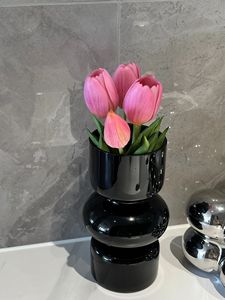 优家家居生活玻璃花瓶法式摆件客厅黑色透明插花水培花瓶家居饰品