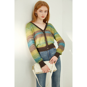 蓝色倾情春秋季女装新款三色彩虹条v领毛衣开衫外穿毛衣717513