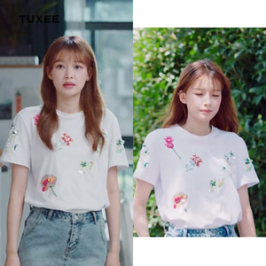 正品tuxee与晨同光黎初瑶孙怡明星同款亮片钉珠刺绣花朵t恤上衣