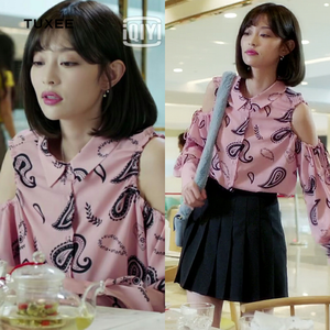 正品tuxee青春斗盖玥希钱贝贝同款衣服春夏季印花露肩宽松衬衫女