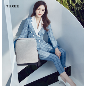 正品tuxee2020新款王晓晨明星同款格子喇叭袖9分裤西服ol套装小西