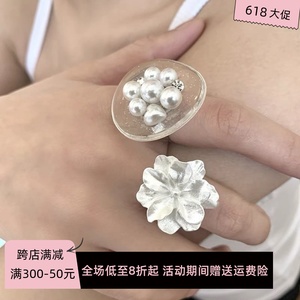 ngbb 自制韩系开口钛钢白色立体花朵戒指百搭透明珍珠水钻指环