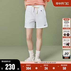 Champion冠军夏季裤子女短裤纯棉刺绣休闲裤直筒健身运动卫裤白色