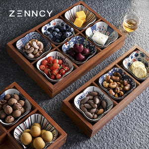 新中式木质茶点盘禅意坚果盘精致陶瓷日式干果盒点心碟茶室水果盘