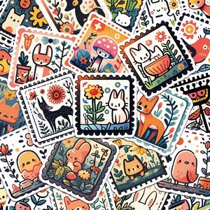 100张复古风可爱小动物植物邮票贴纸方形手账diy手机壳笔记本防水贴纸自粘