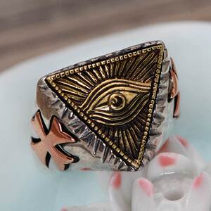 s925纯银复古泰银时尚个性埃及法老三角形上帝之眼男士活口戒指