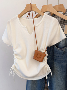 白色v领抽绳针织衫女春夏季设计感纯色薄款收腰短款套头短袖上衣