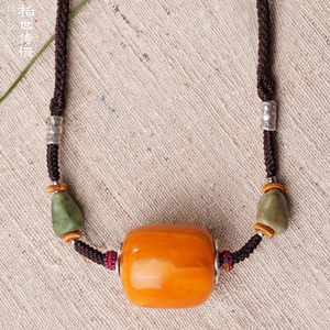 柏世传恒 稀有天然精品鸡油黄老蜜蜡桶珠吊坠 老绿松绳艺手工项链