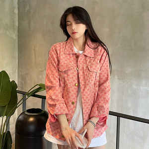 潮牌轻奢牛仔外套女春秋 ins潮流宽松提花满印脏粉色夹克时尚上衣