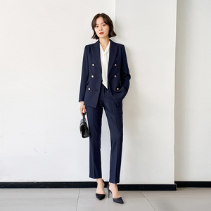 伯德小姐气质藏蓝色西装外套女职业套装双排扣西服上衣职业装正装