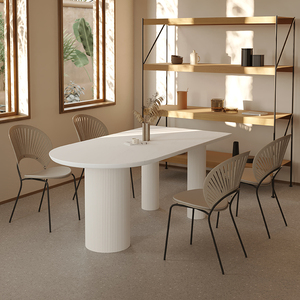 艺色简约水磨石餐桌半圆弧形设计师大理石饭桌白色侘寂奶油系实木