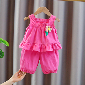 女童夏季套装2024新款纯色棉布衫女宝宝吊带无袖两件套洋气夏装潮