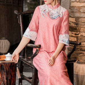 晚清民国风复古女装高端气质唐装女夏季中式刺绣旗袍改良版连衣裙